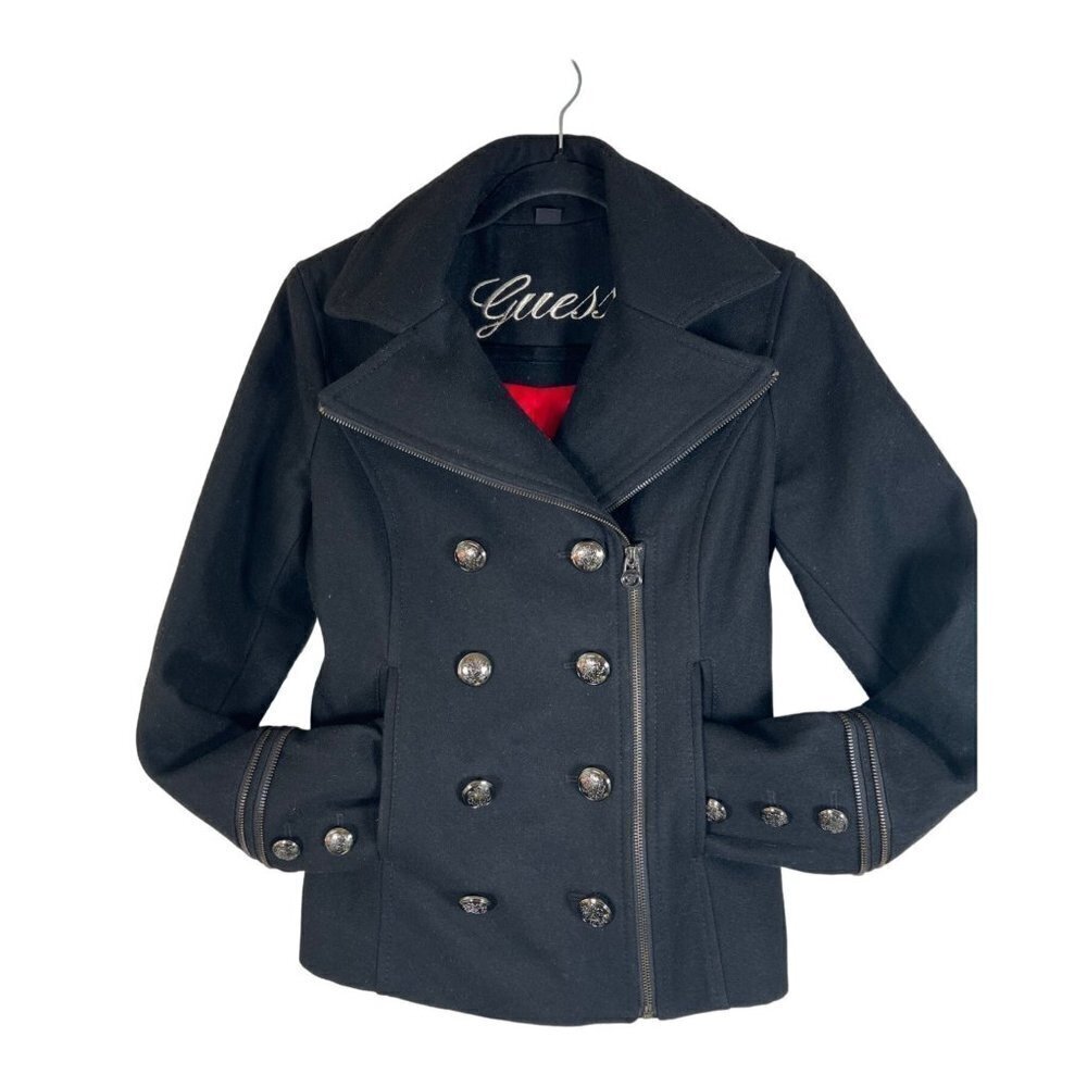 Guess Size XS Navy Wool Jacket DB Button Zip Cross between Moto Peacoat Military - Picture 3 of 16